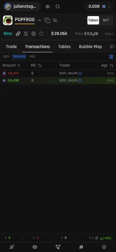 Mobile ticker page Transactions tab with the TRACKED filter active and tracked-wallet rows marked with the crosshair icon