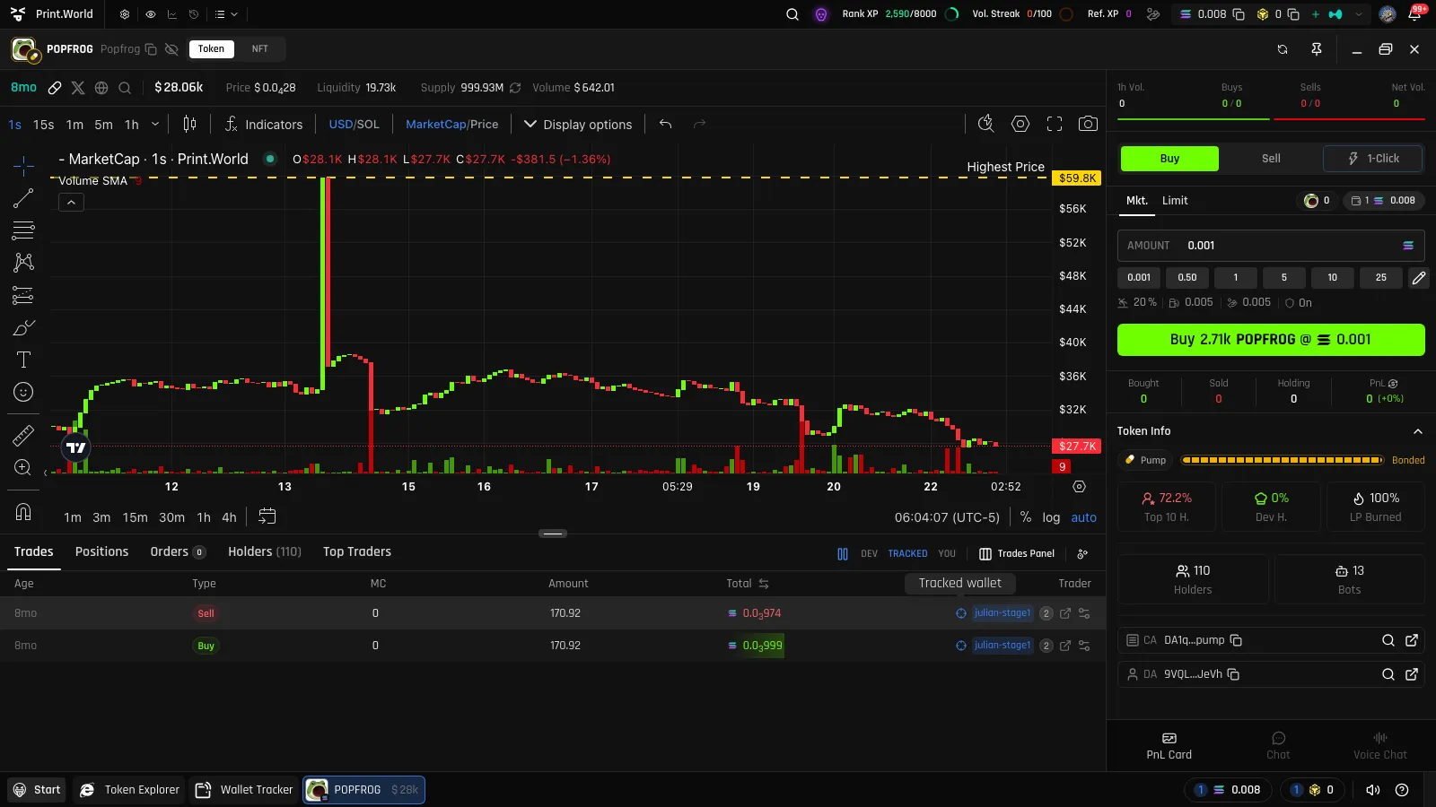 Ticker page Trades table with a tracked wallet's rows visible and the "Tracked wallet" tooltip shown over the crosshair icon next to the trader address