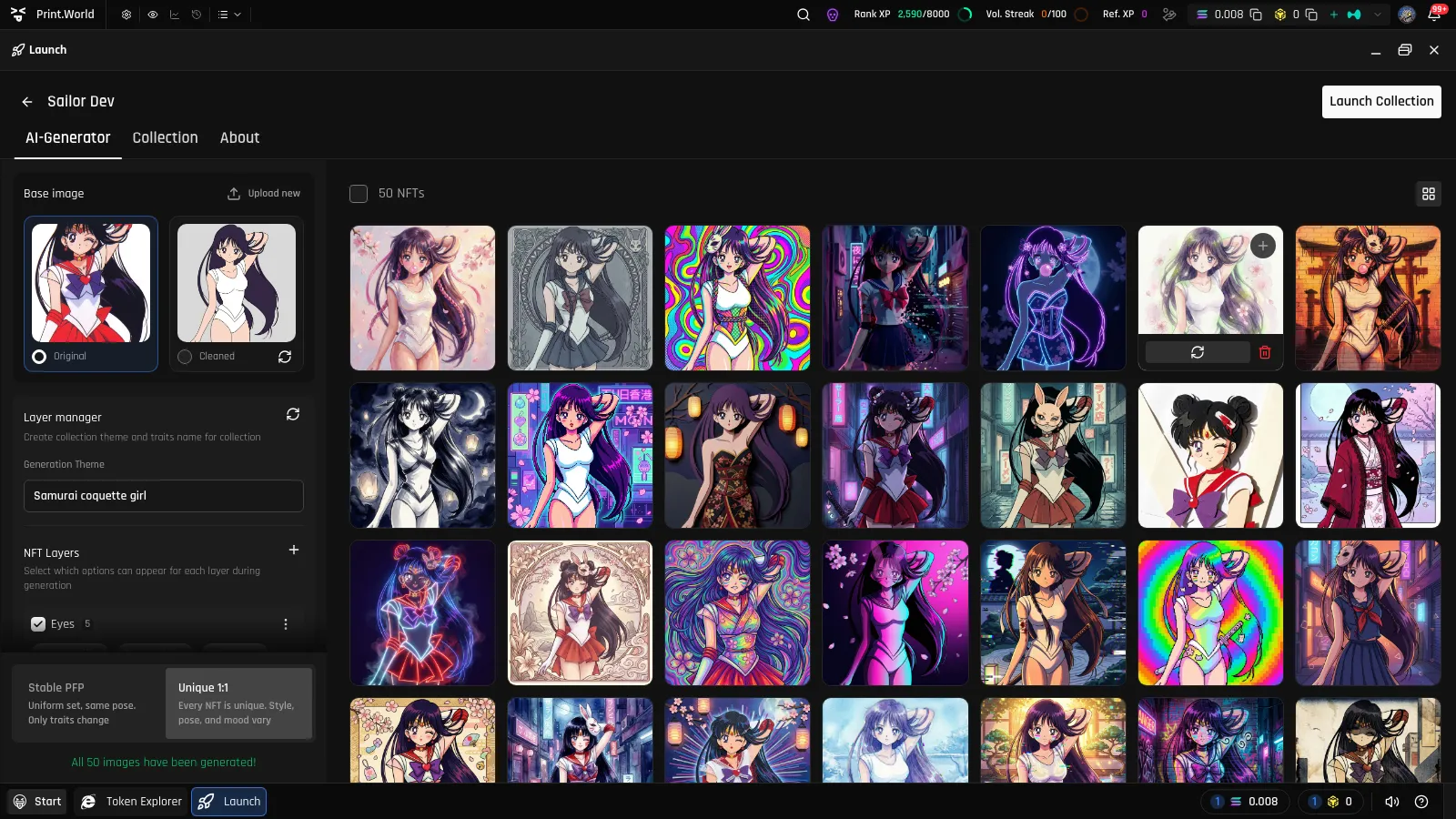 AI Generator generation grid with 50 generated NFT previews and the Stable PFP / Unique 1:1 mode selector