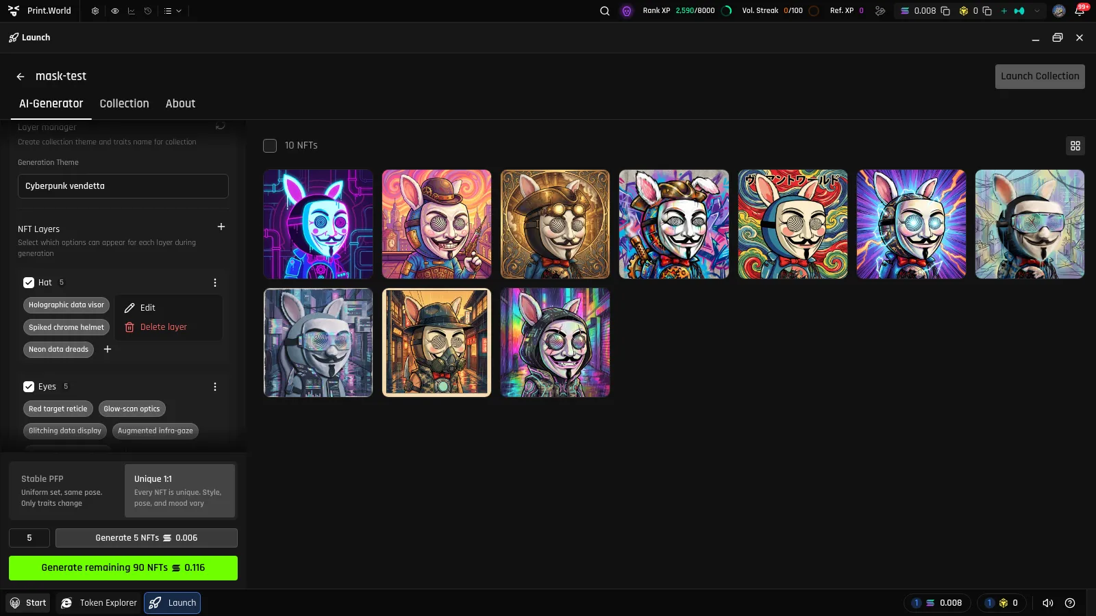 AI Generator trait editing with named trait chips per category and the Edit / Delete layer menu open