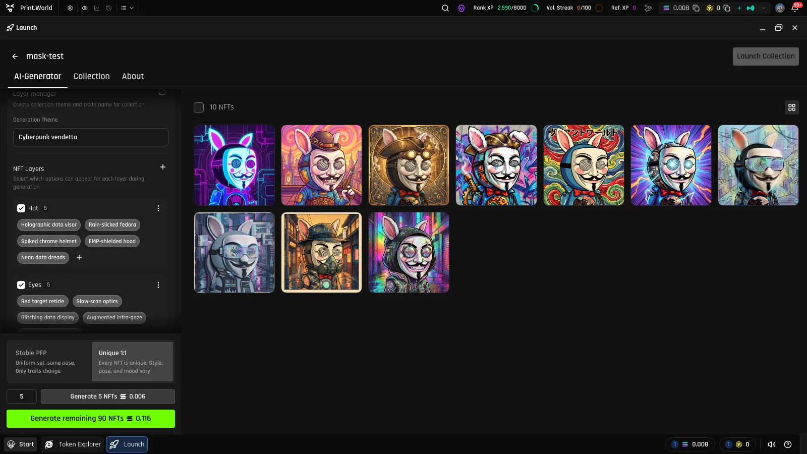 AI Generator layer manager with the generation theme prompt and trait categories showing idea counts per category
