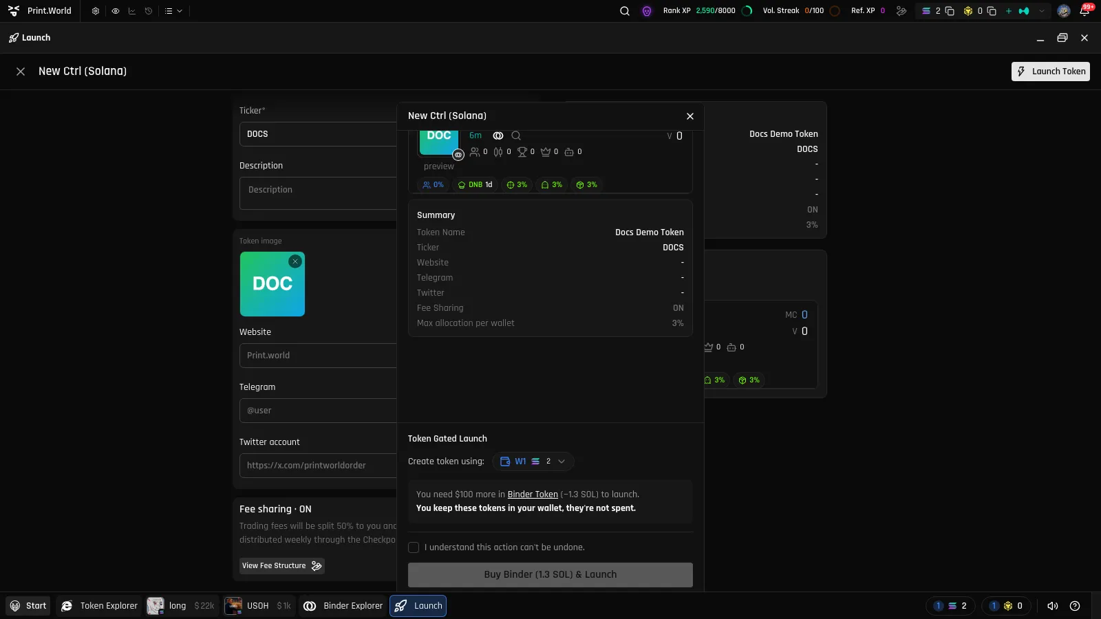 Launch modal showing the Binder Token deficit in USD and SOL with the Buy Binder & Launch button