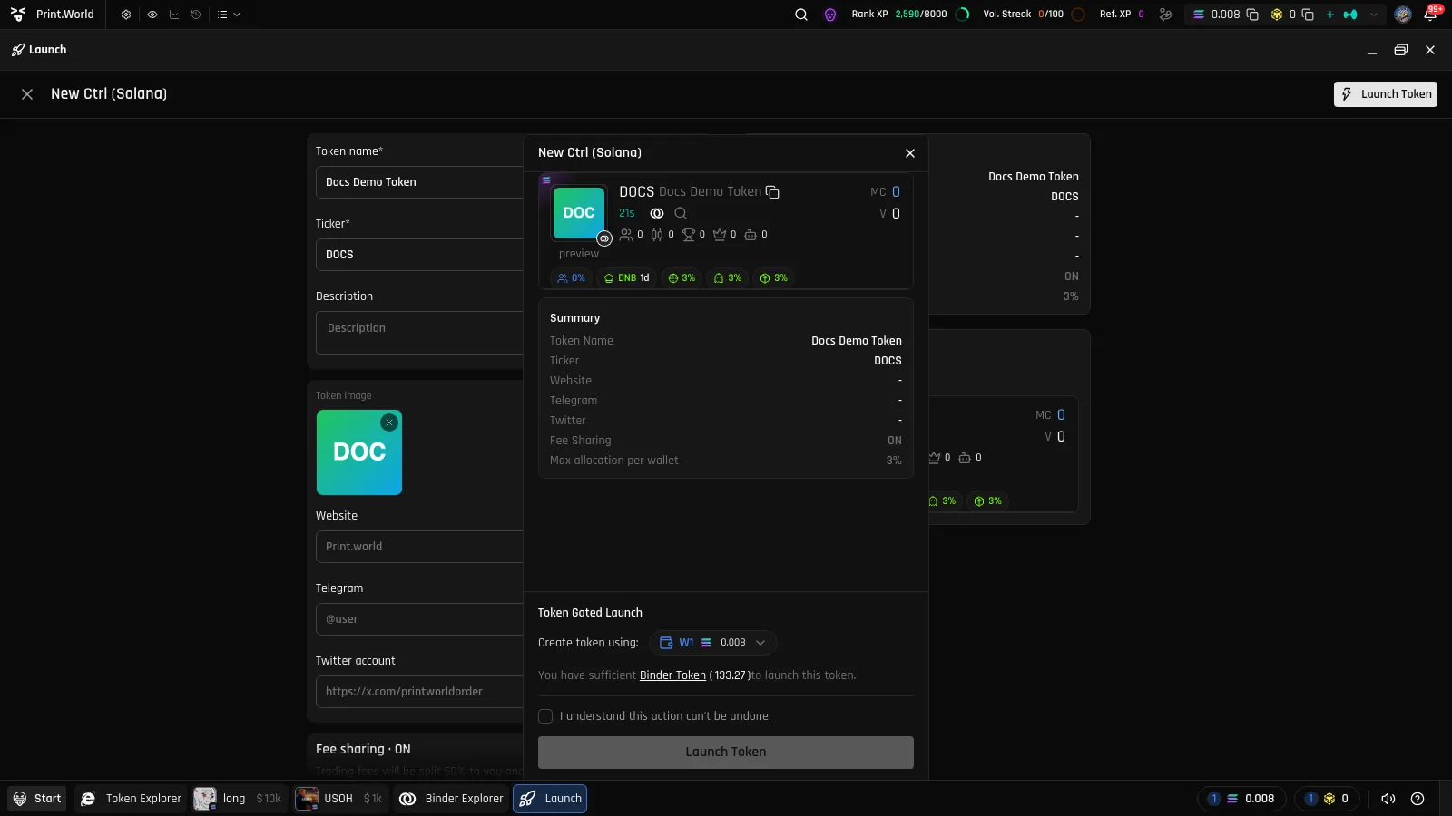 Launch modal running the Binder Token balance check with a sufficient balance confirmed