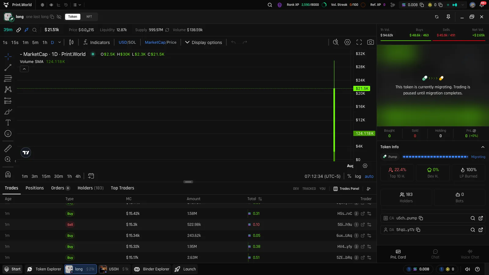 Token page in the Migrating state with the trading panel overlay reading "This token is currently migrating. Trading is paused until migration completes." and the from and to exchange icons