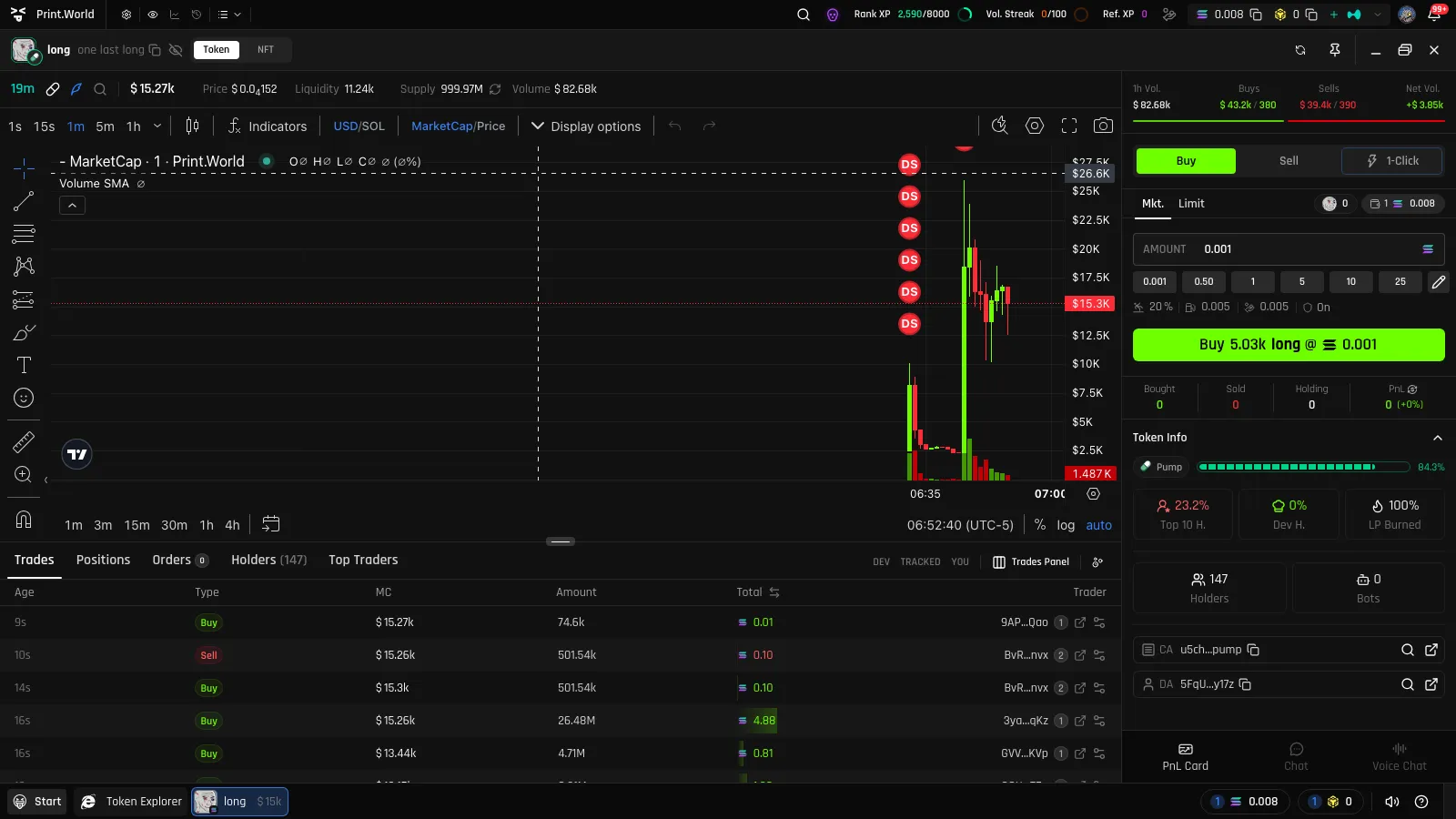Token page of a Printing token showing the launchpad tag, dashed curve progress bar, and live percentage in the Token Info panel