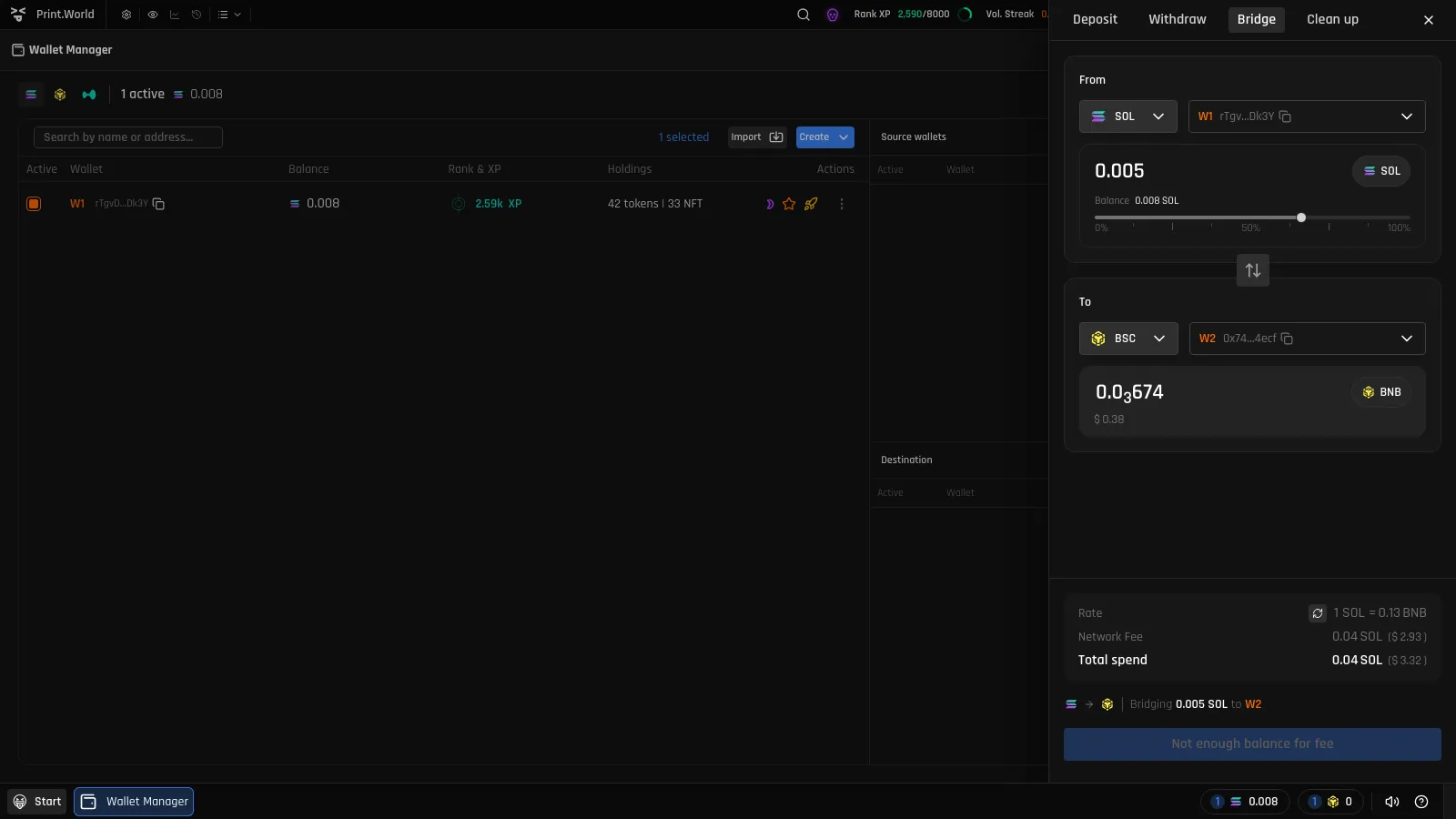 Bridge tab with a live SOL to BSC quote showing the From and To chain selectors, the direction switch, and the receive amount with USD value