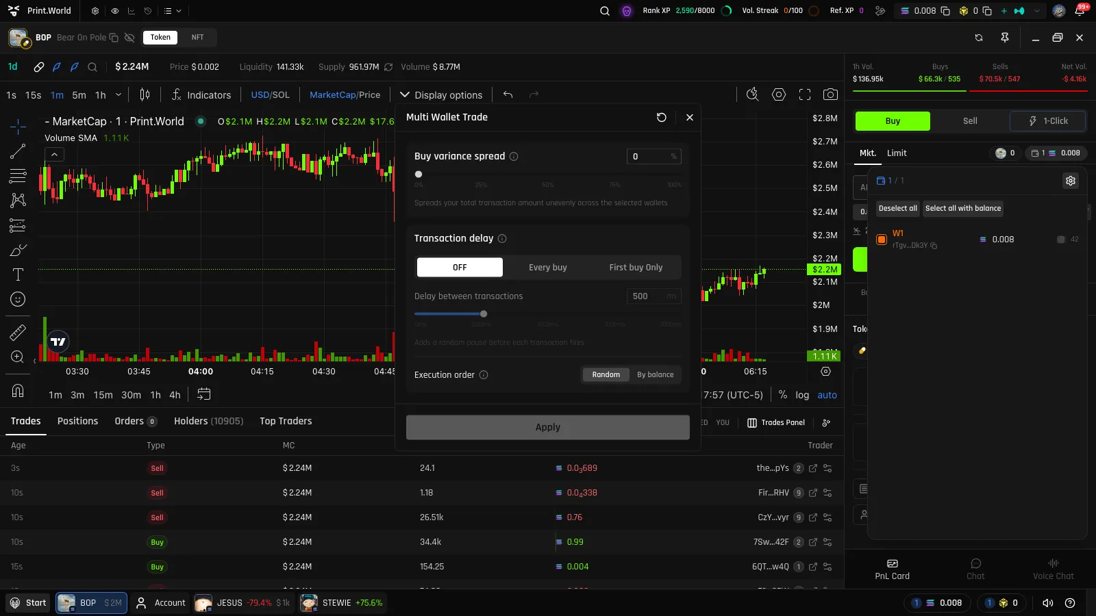 Multi Wallet Trade settings with buy variance spread, transaction delay, and execution order controls