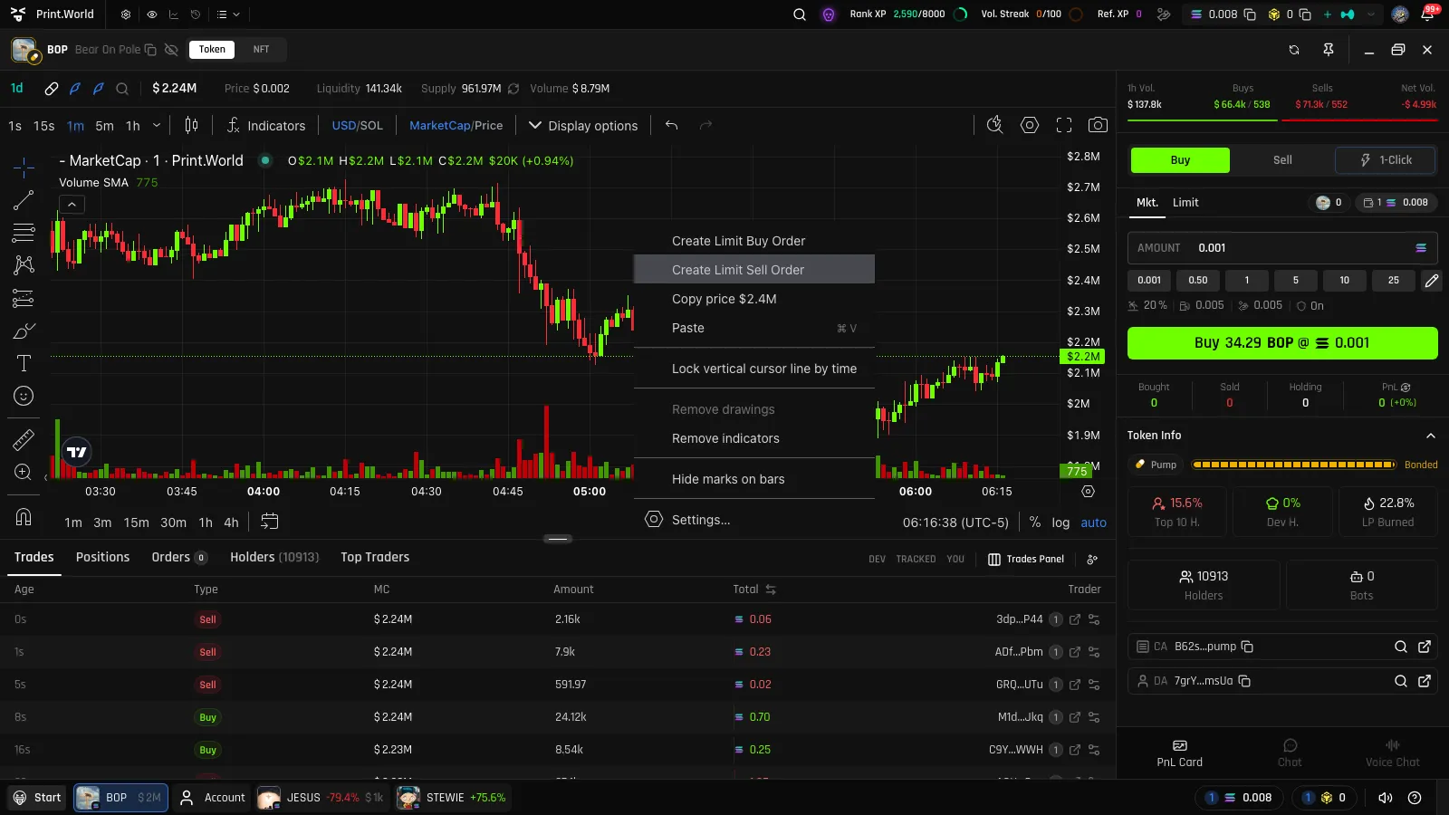 Chart right-click context menu with Create Limit Buy and Sell Order entries