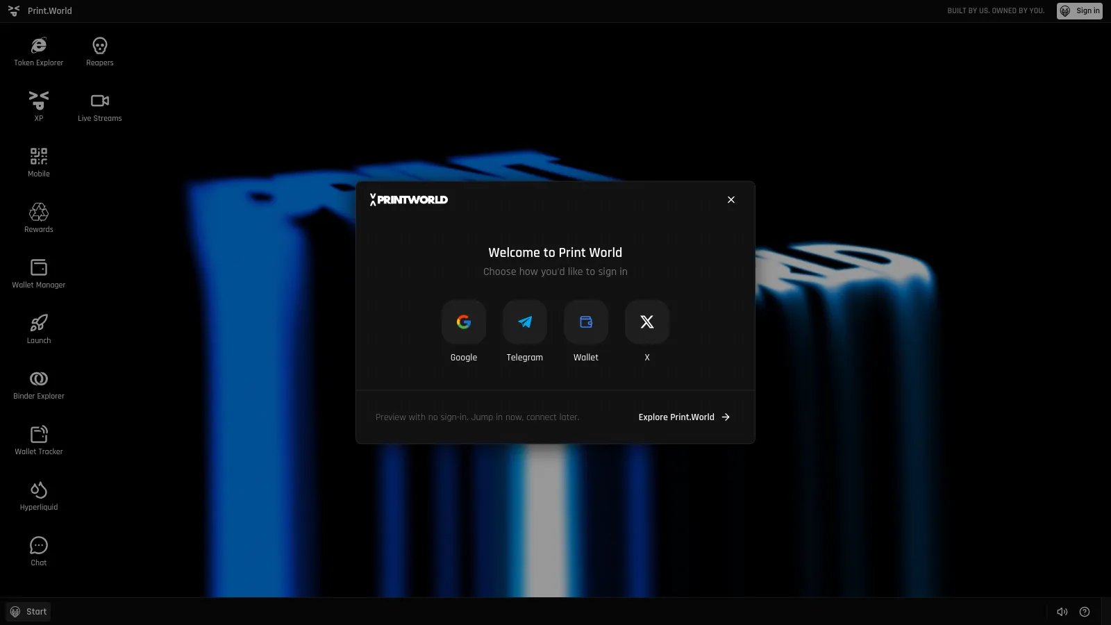 Welcome to Print World sign-in window showing the Google, Telegram, Wallet, and X sign-in methods
