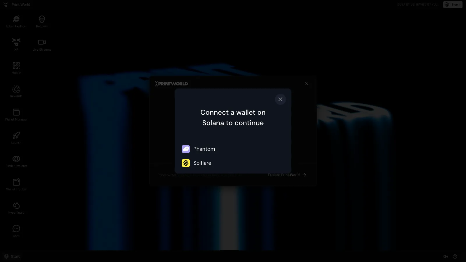 Wallet selection window listing the detected Solana wallets Phantom and Solflare