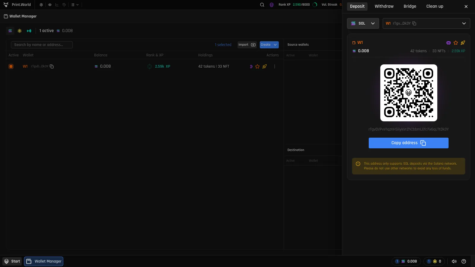 Assets Manager drawer open on the Deposit tab with the Deposit, Withdraw, Bridge, and Clean up tab row