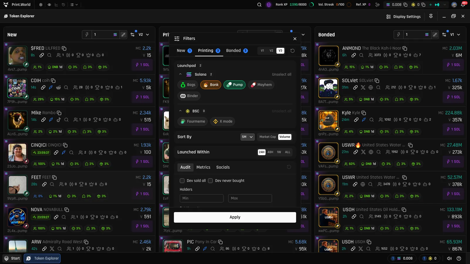 Filters modal on the Printing tab with launchpads selected, a Volume sort choice, Launched Within options, and change-count badges on the tabs