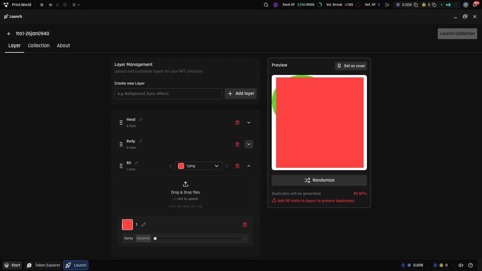 Layer tab with multiple layers, an uploaded asset with rarity slider, and the live NFT preview with Randomize