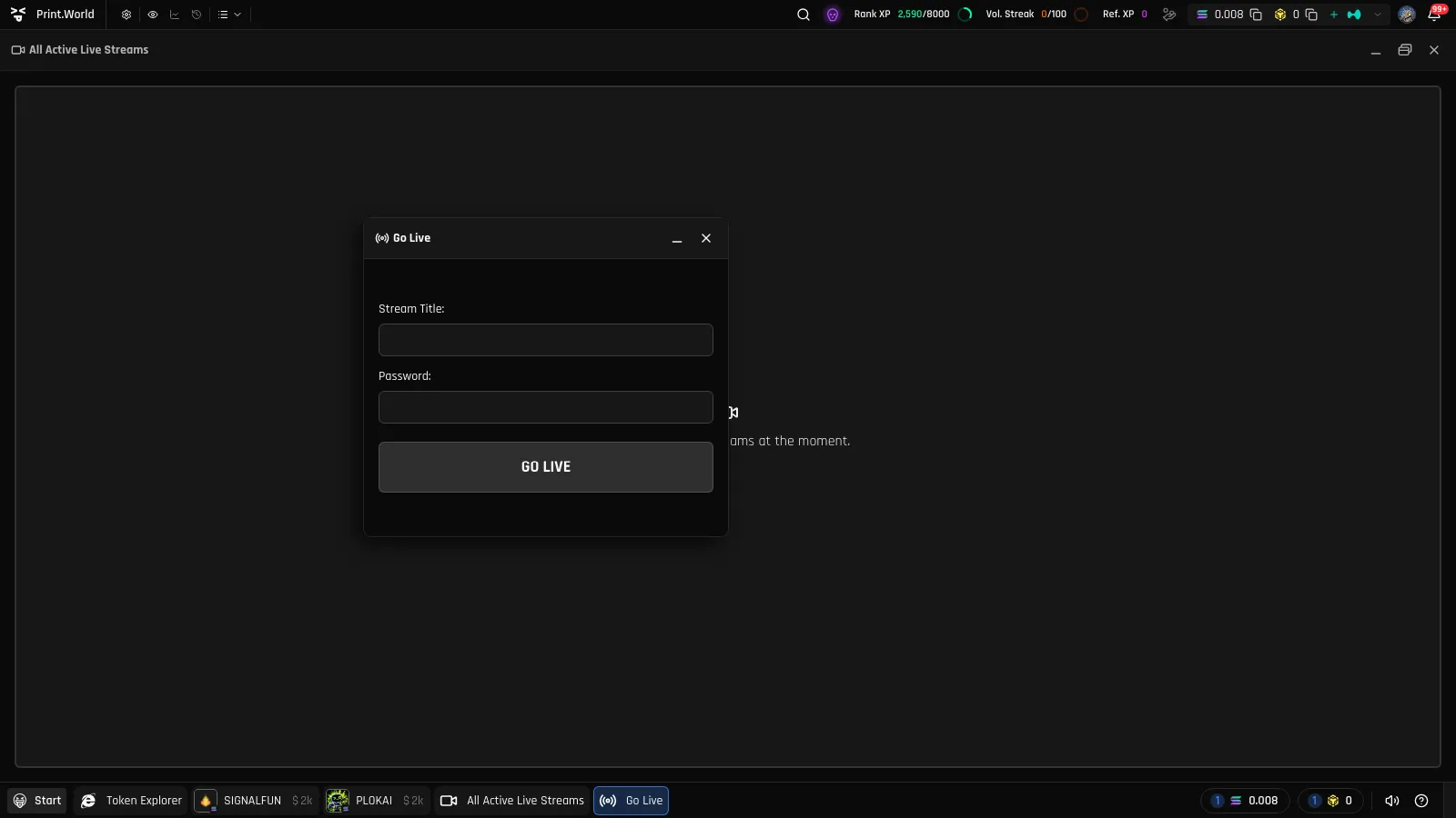 Go Live window with the Stream Title and Password fields and the GO LIVE button
