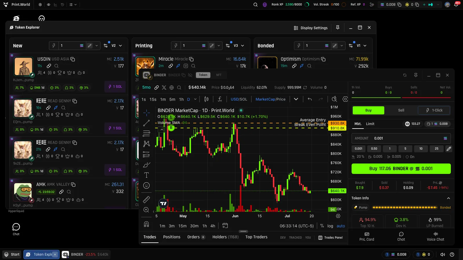 The print.world desktop interface with Token Explorer and token trading app windows open