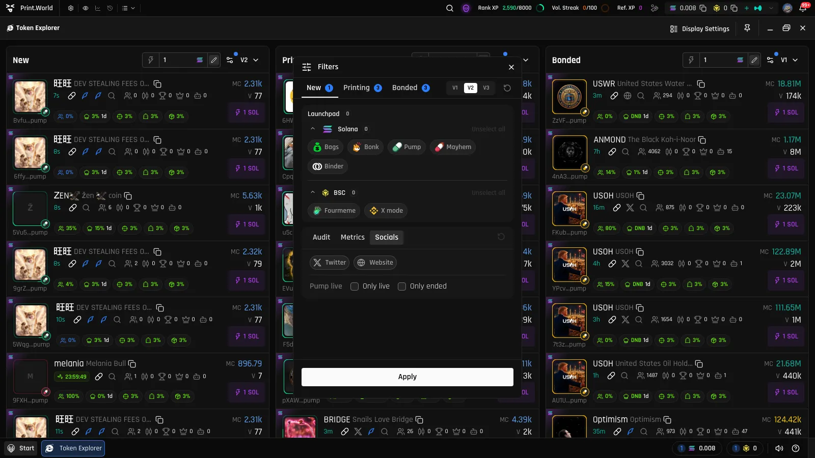 Token Explorer filters on the Socials sub-tab with the Pump live group showing Only live and Only ended checkboxes