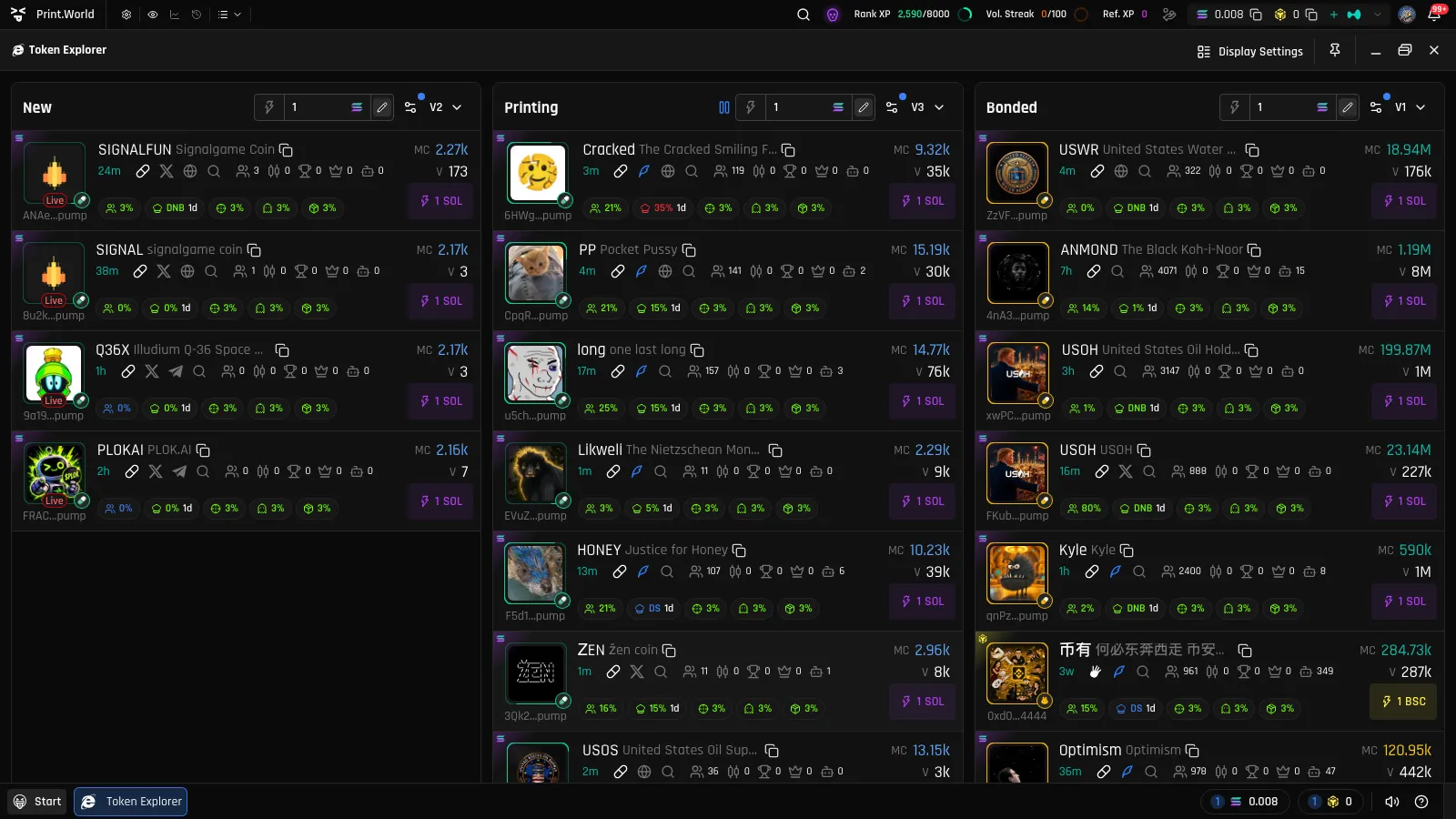 Token Explorer list where several tokens show the red Live tag over their token image
