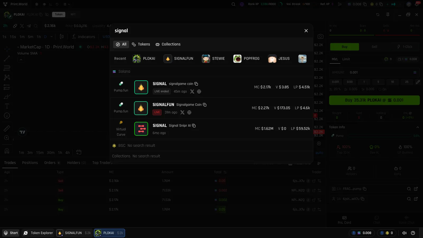 Search results panel showing one token with the red LIVE tag and another with the LIVE ended tag next to their names