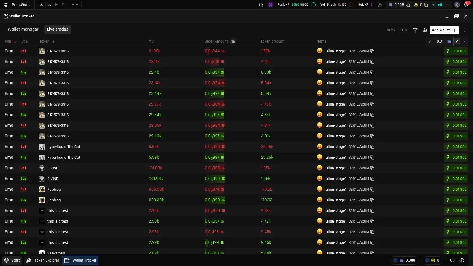 Live trades tab with a full feed of tracked-wallet trades, the BUYS/SELLS toggles, funnel and gear icons, and the Quick Buy column on the right