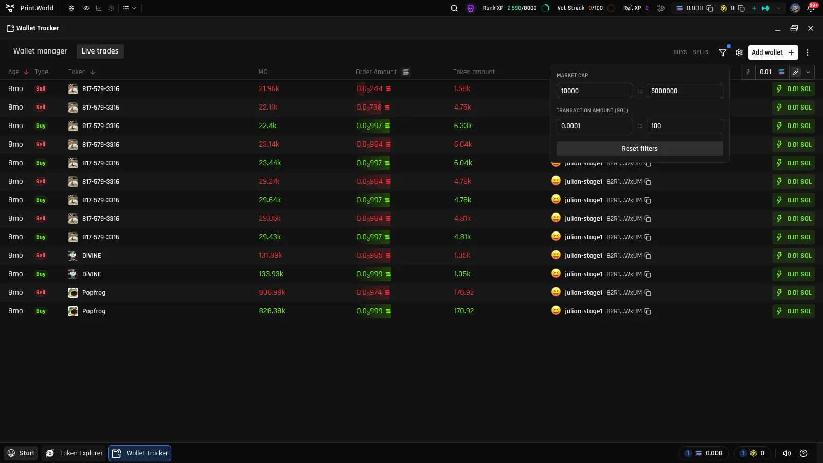 Filters popover on the Live trades tab with Market Cap and Transaction Amount ranges filled in, the Reset filters button, and the active-filter dot on the funnel icon
