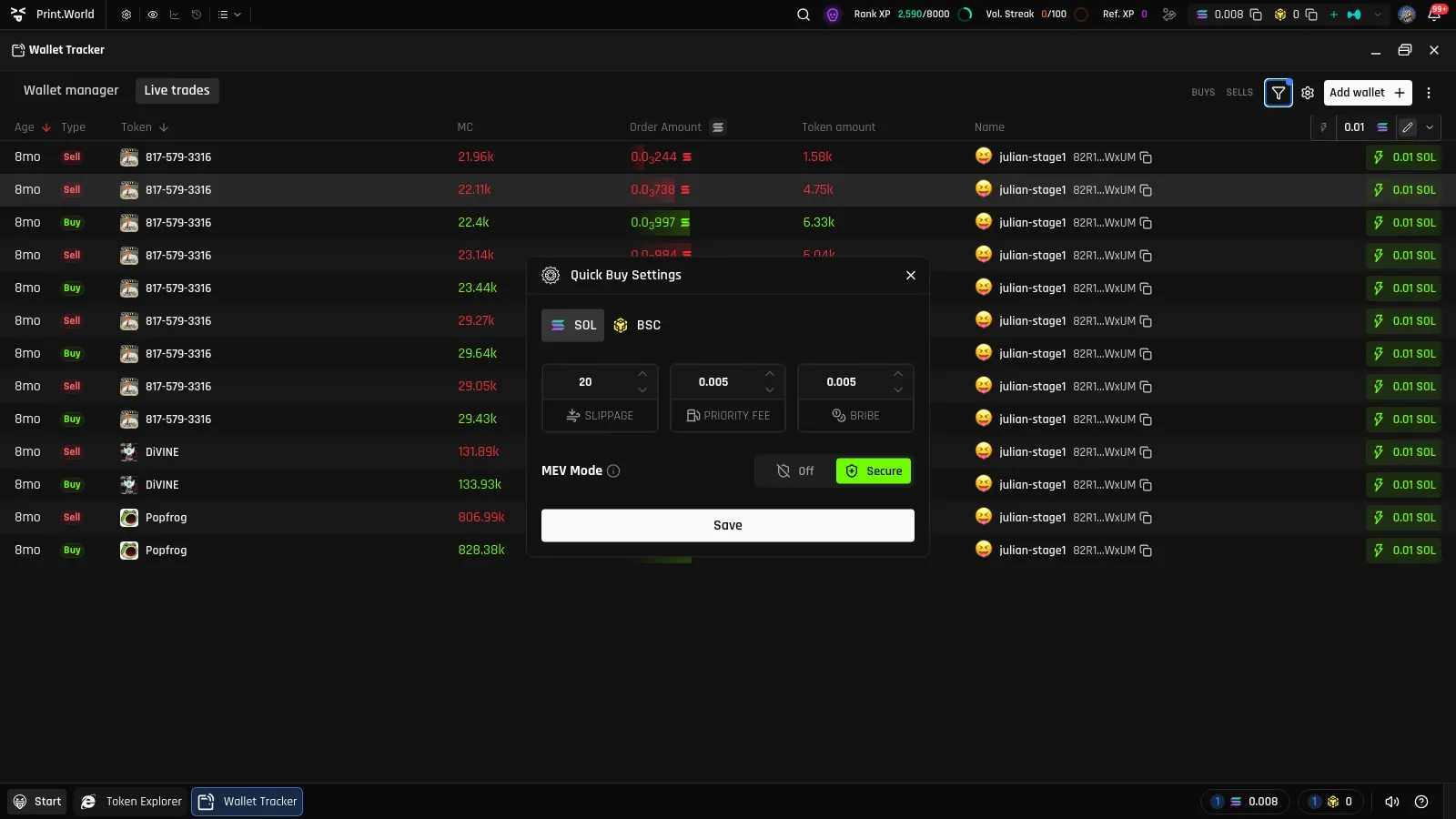 Quick Buy Settings expanded from the Live trades column header showing slippage, priority fee, and bribe presets alongside the per-row lightning Quick Buy buttons