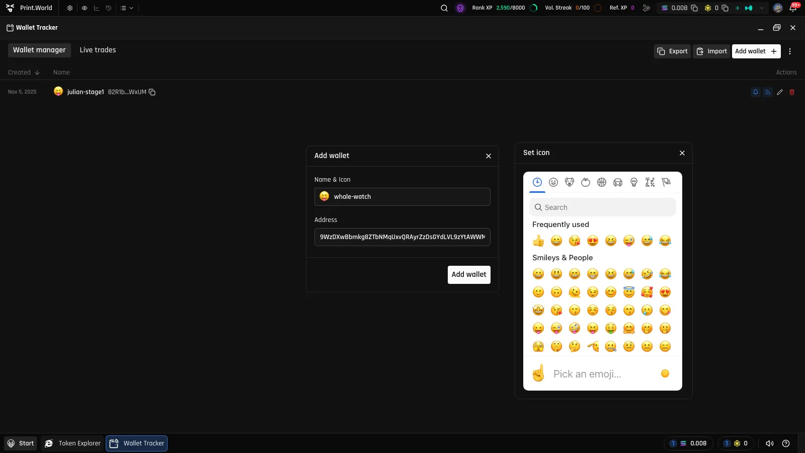 Add wallet modal with the Name & Icon and Address fields filled and the Set icon emoji picker open beside it