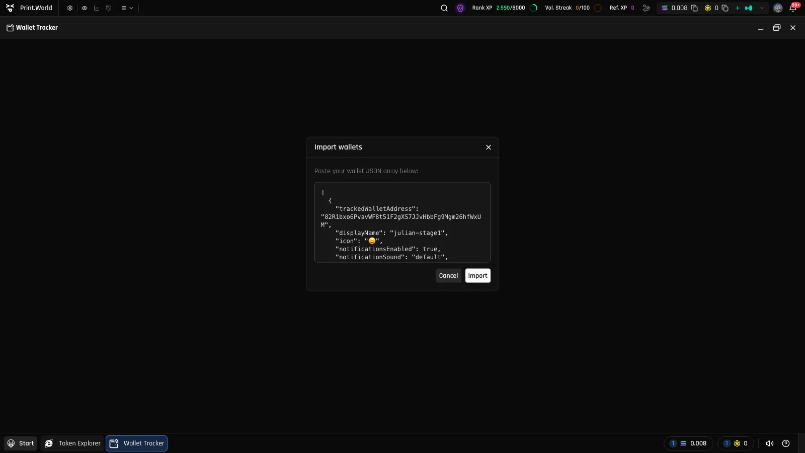 Import wallets modal with a wallet JSON array pasted into the textarea and the Import button ready
