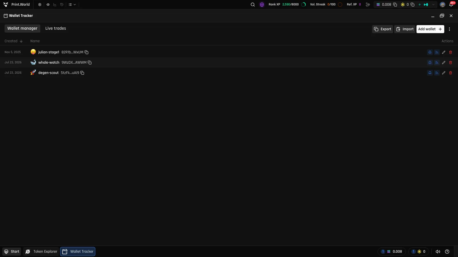 Wallet manager tab with three tracked wallets showing the Created, Name, and Actions columns and the bell, feed toggle, pencil, and trash buttons per row