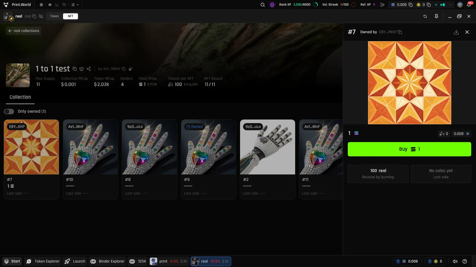 Listed NFT detail in the Binder Explorer showing the listing price and the Buy button