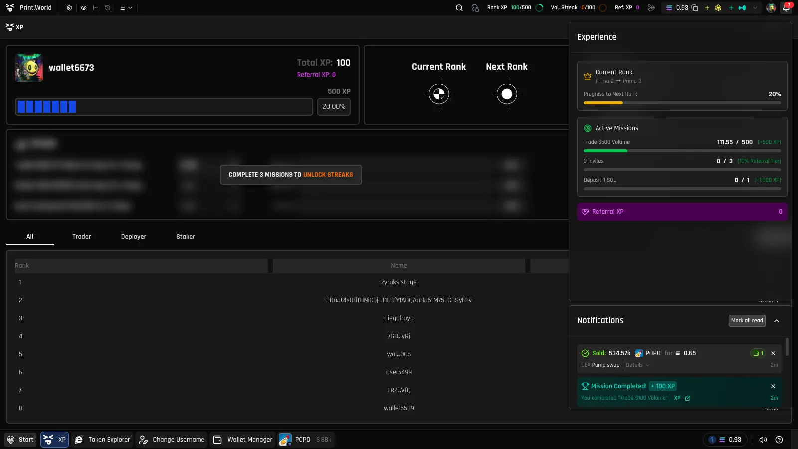 Activity Center Notifications feed with a "Mission Completed! + 100 XP" card for the completed "Trade $100 Volume" mission, below the Experience panel's live Active Missions progress