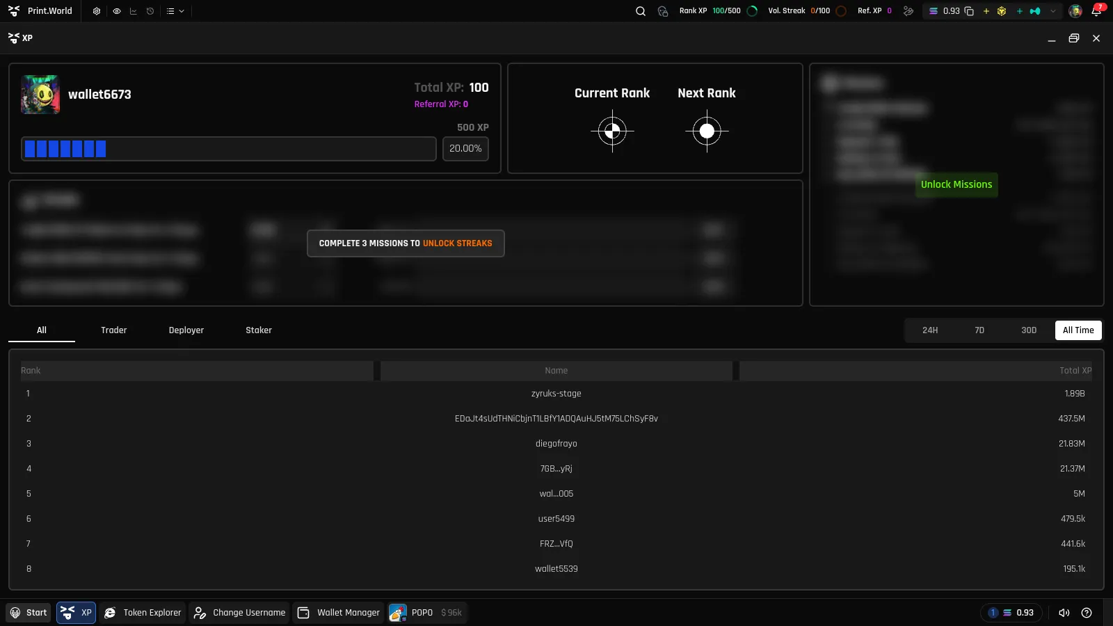 XP panel Missions widget showing a green "Unlock Missions" button after reaching $100 in trading volume