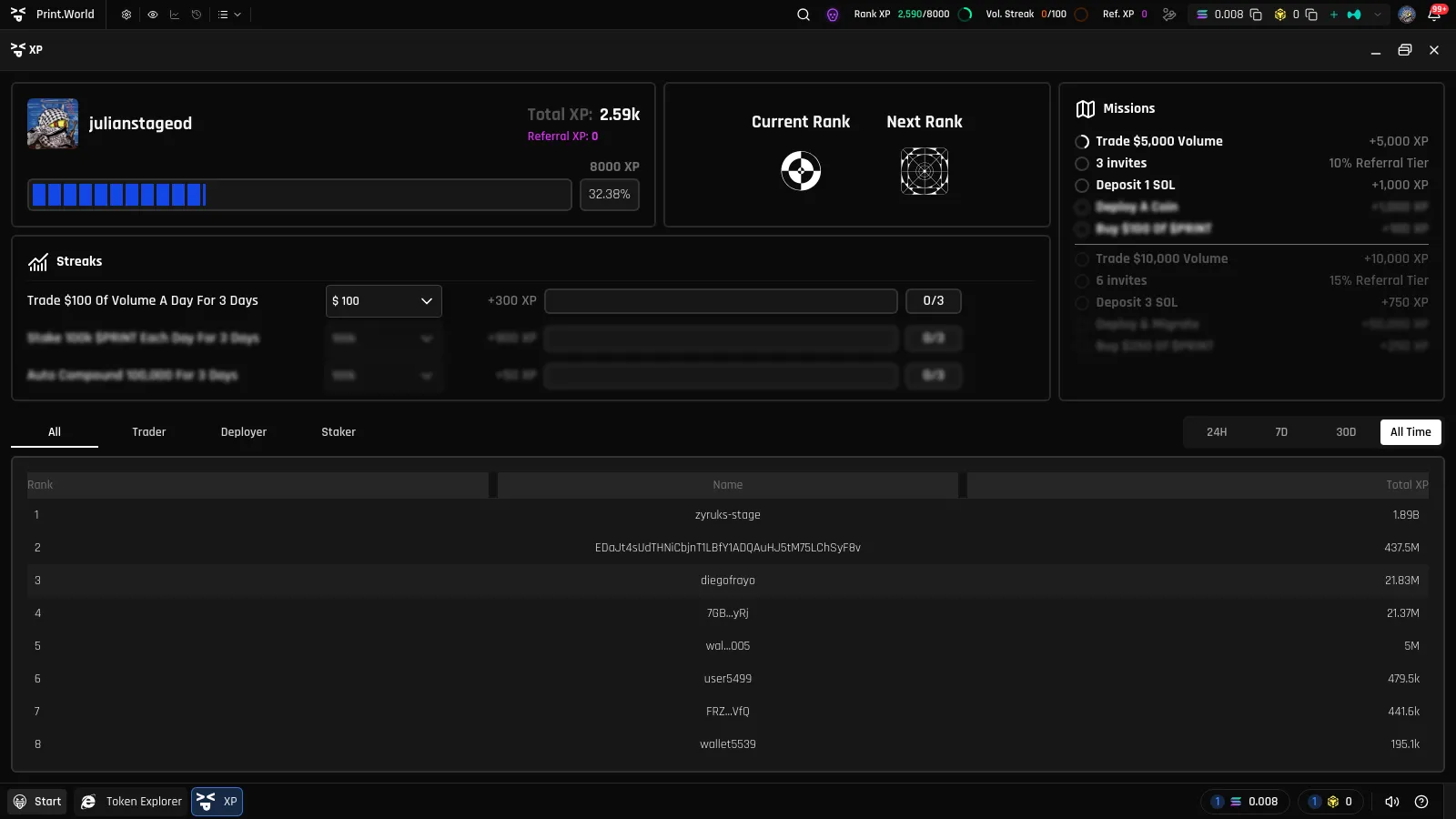 Missions widget in the XP panel with mission progress rings, names, and XP-to-earn labels
