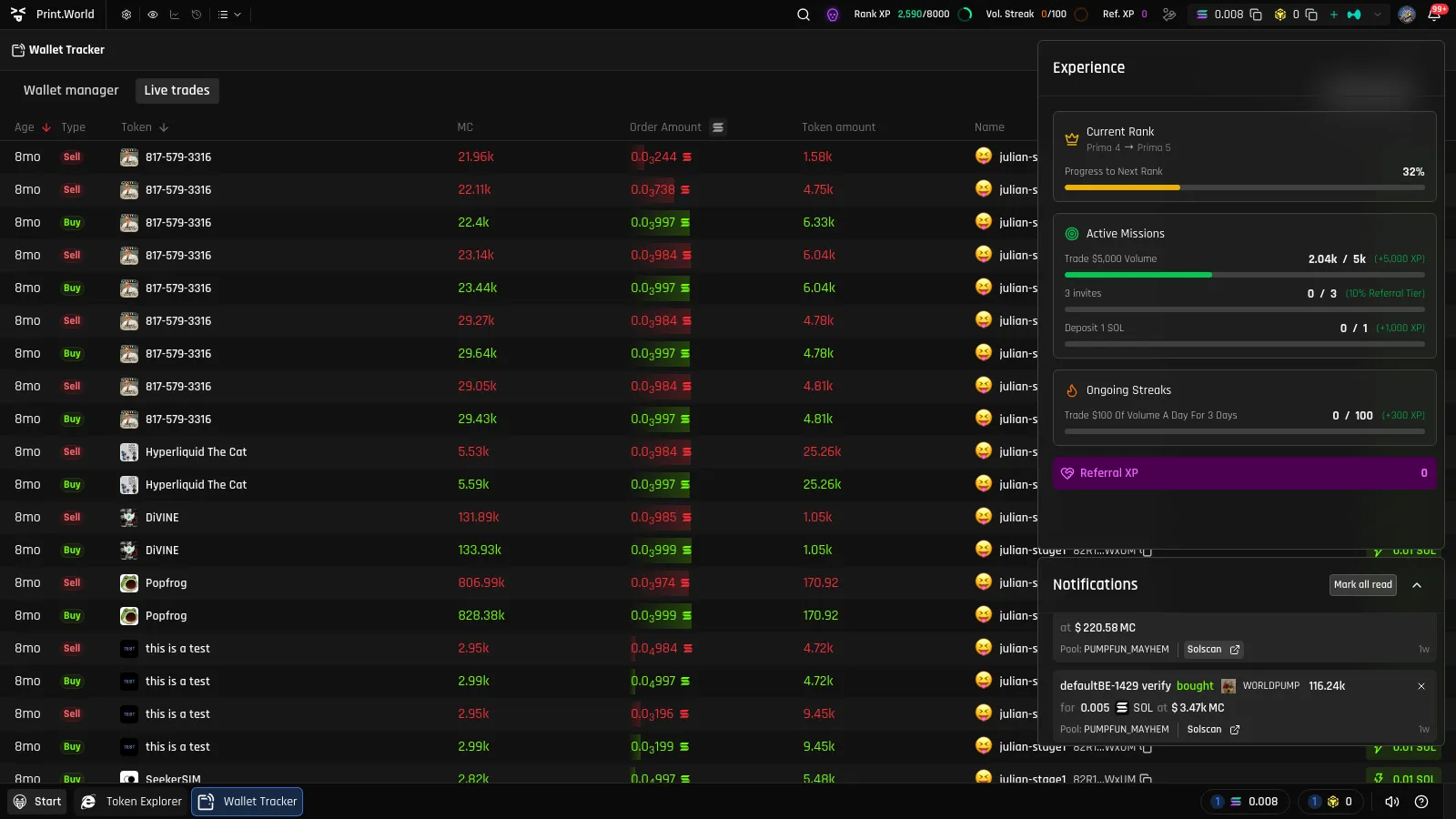 Activity Center open with a tracked-wallet trade notification card showing the wallet name, bought wording with token and amount, and the Solscan explorer link