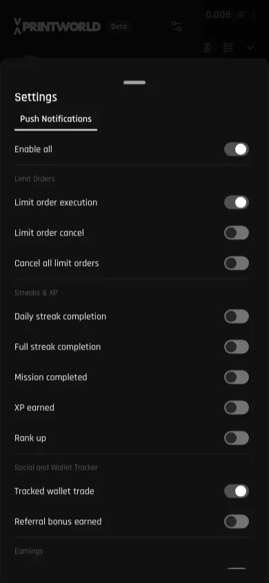 Mobile push notification settings with the Tracked wallet trade toggle enabled inside the Social and Wallet Tracker group