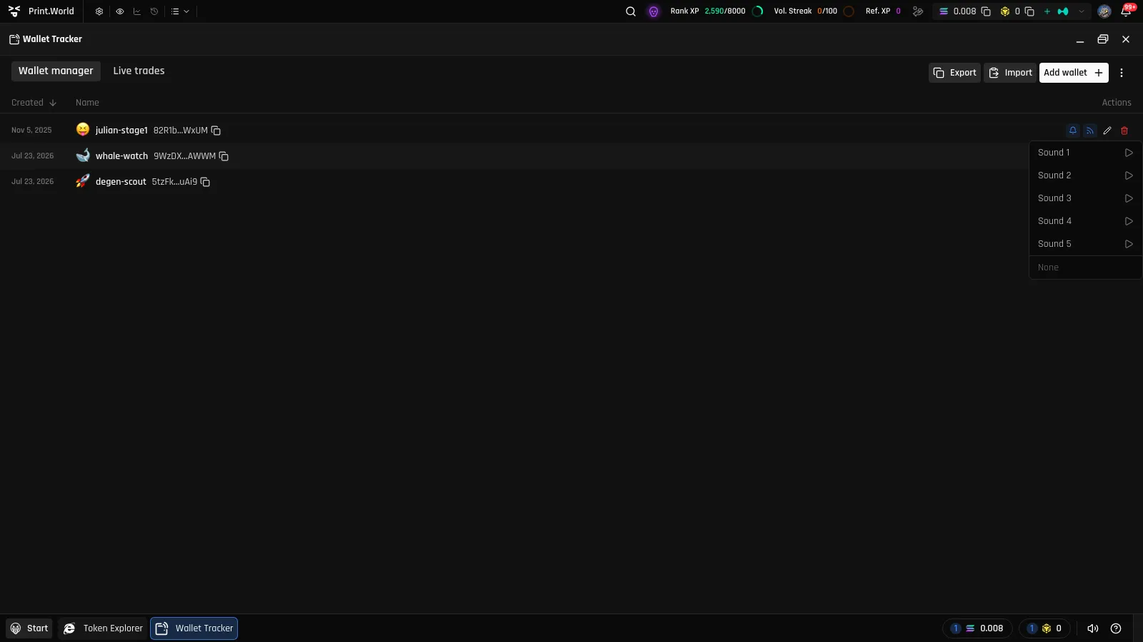 Notification sound popover on a Wallet manager row with the bell icon, the Sound 1–5 list with play-preview buttons, and the None option
