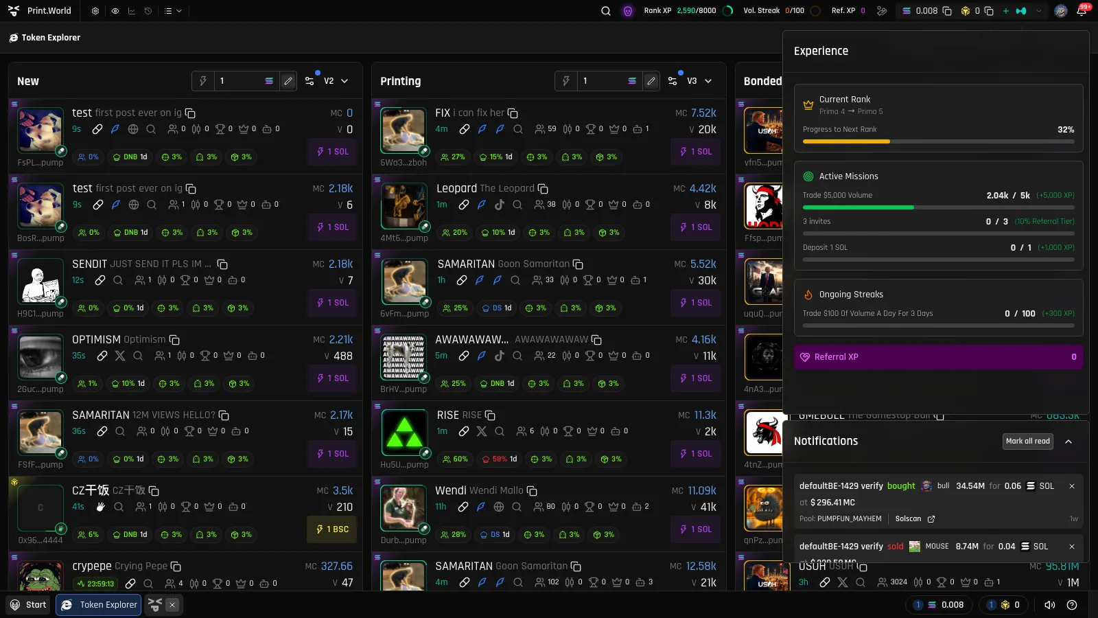Activity Center Experience section with Current Rank, Active Missions, Ongoing Streaks, and Referral XP cards