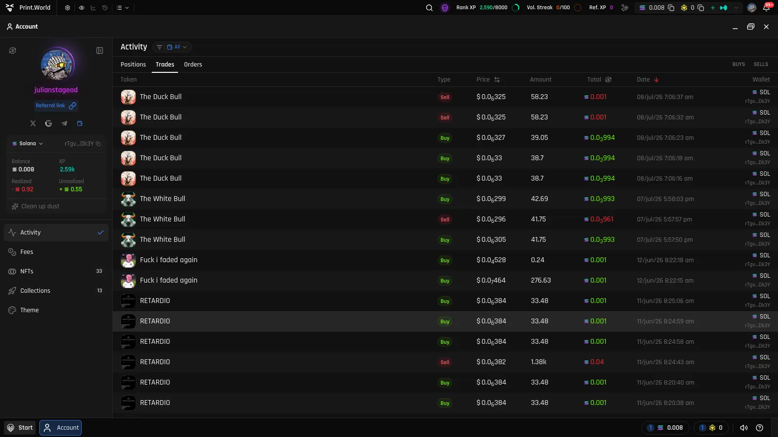 Account app on the Activity view with the sidebar user panel on the left and the Activity tabs at the top