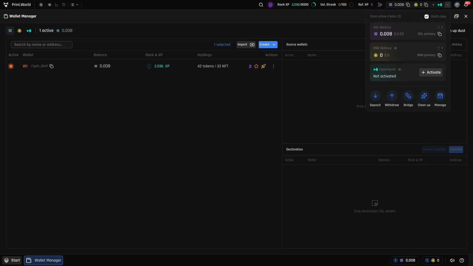 Wallet balance popover with per-chain balance rows, copy buttons, and the Deposit, Withdraw, Bridge, Clean up, and Manage quick actions