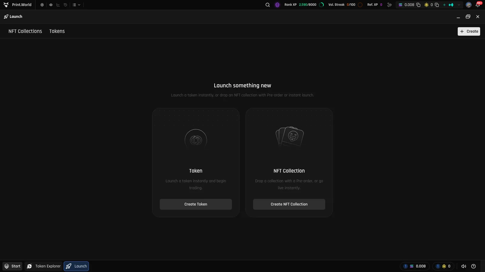 Launch app creation screen with Create Token and Create NFT Collection options