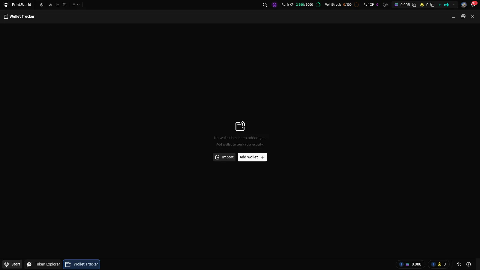 Wallet Tracker empty state with the Import and Add wallet buttons under the "No wallet has been added yet." message