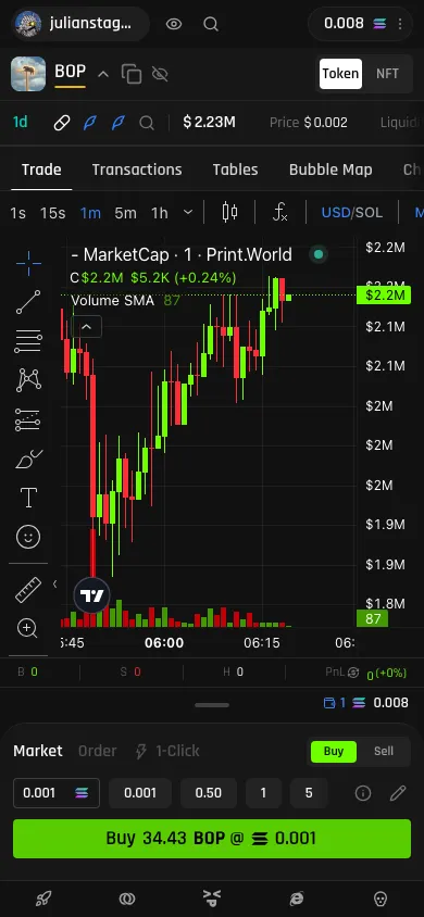 Mobile token page with the Trade Dock in Market mode and the mobile tab bar