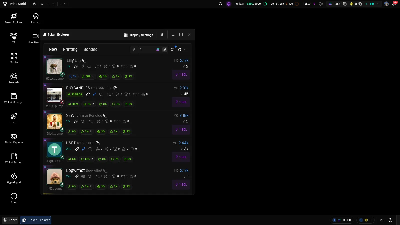 Token Explorer window resized narrow so New, Printing, and Bonded render as tabs at the top of the list