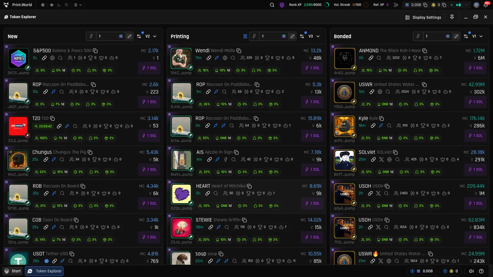 Full Token Explorer with the New, Printing, and Bonded lists side by side, streaming live token data