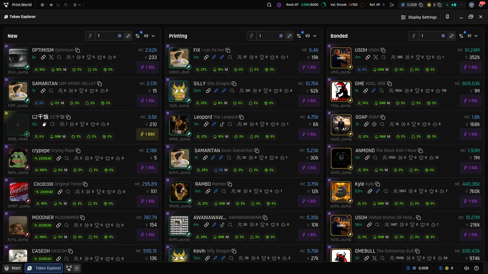 Top bar showing the Rank XP, Vol. Streak, and Ref. XP pills in the toolbar