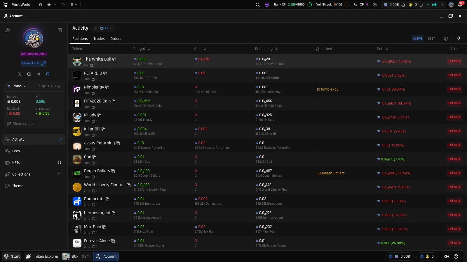 Account Activity Positions tab with per-position PnL across several tokens