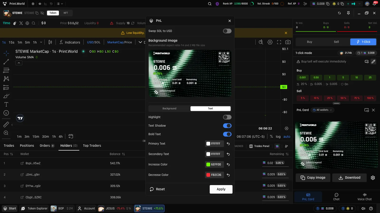 PnL Card with its settings modal open showing customization switches and a live preview