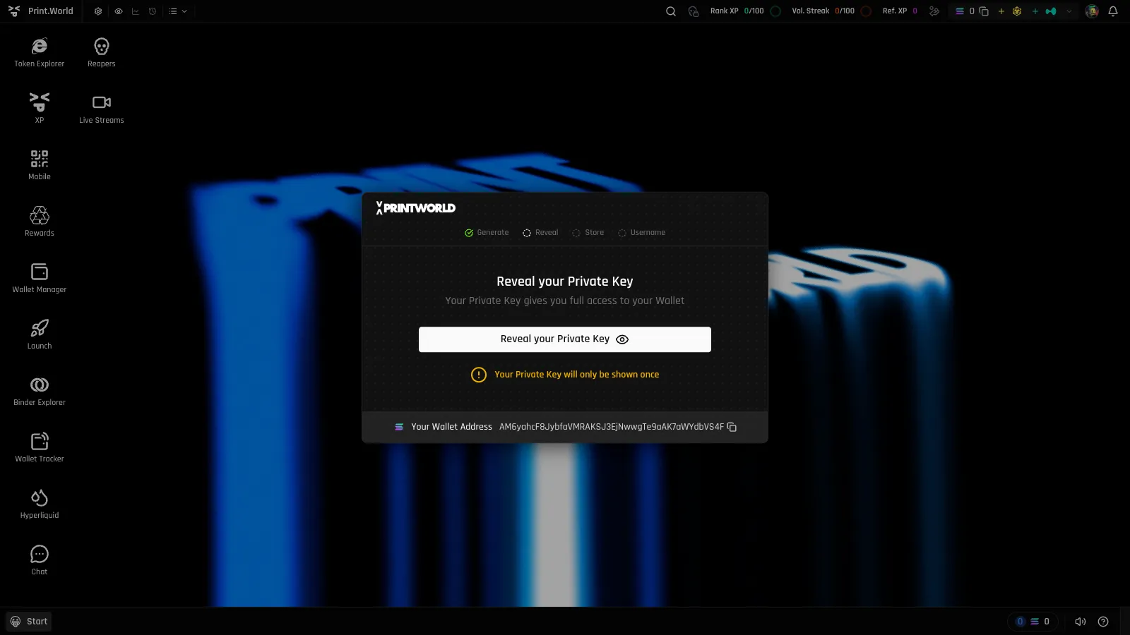 Reveal your Private Key onboarding step with the reveal button and a shown-only-once warning above the wallet address
