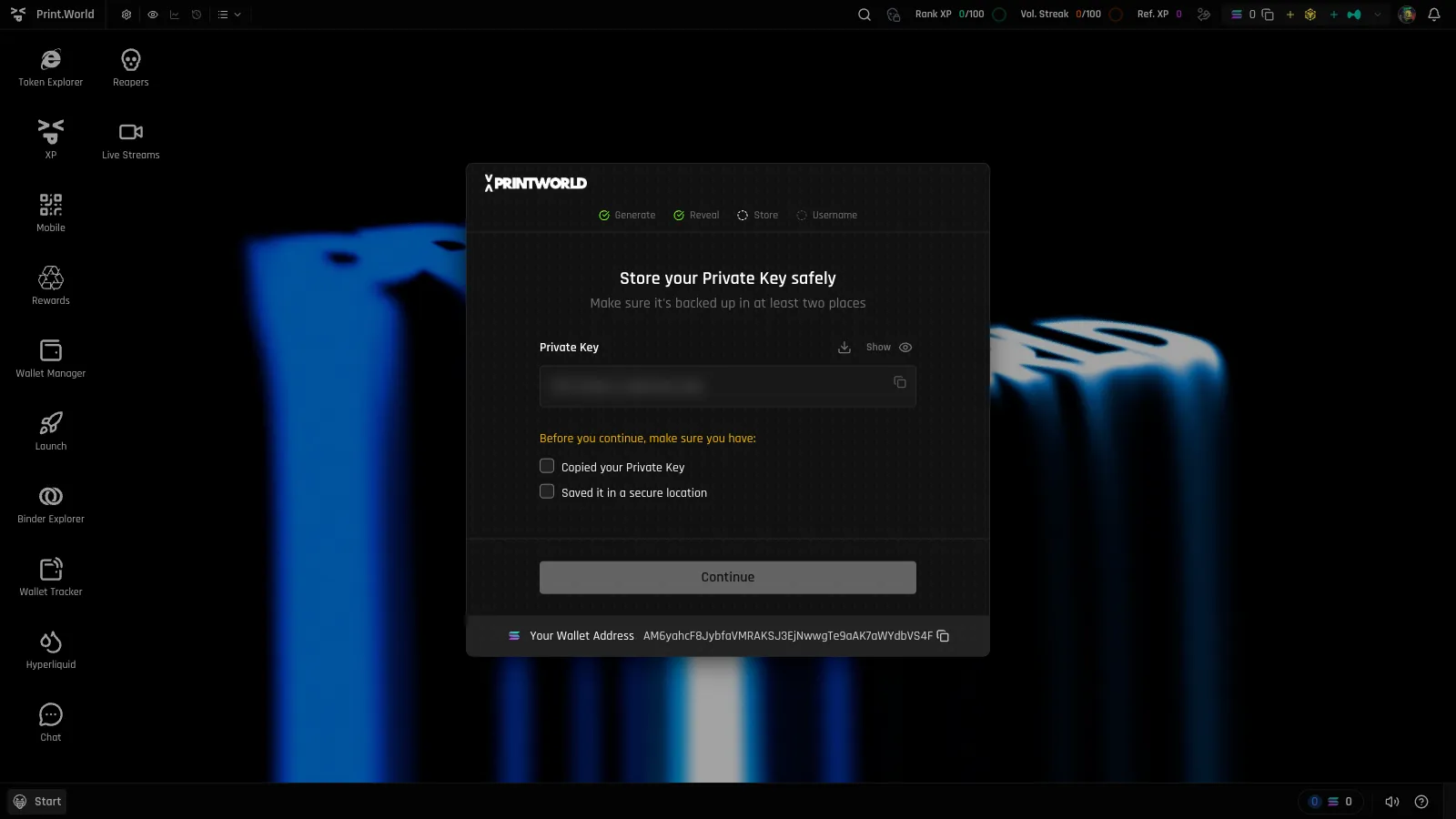 Onboarding "Store your Private Key safely" step with the key masked, the show, copy, and download controls, and two confirmation checkboxes