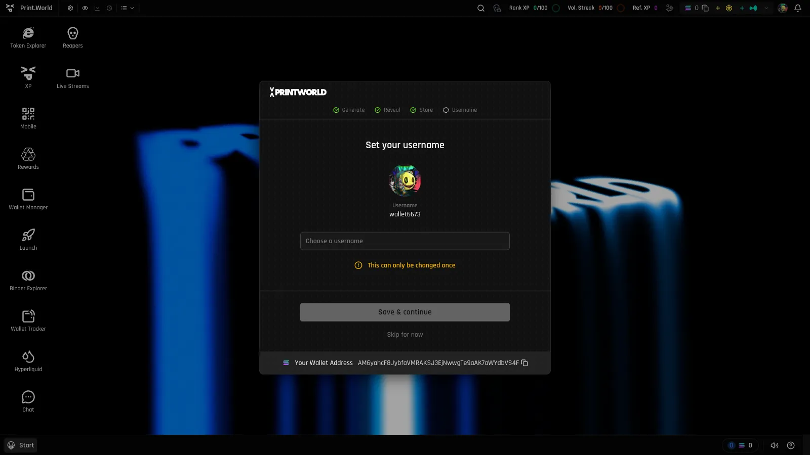 Set your username onboarding step with the username input, a change-once warning, and a Skip for now option