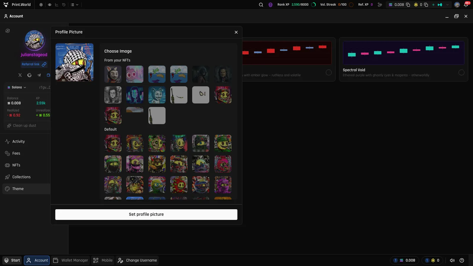 Profile Picture modal with the default avatar gallery grid and the Set profile picture button